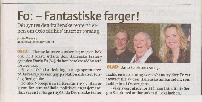Articolo del giornale Lokalavisenfrogner su Dario Fo in visita a Oslo, maggio 2010